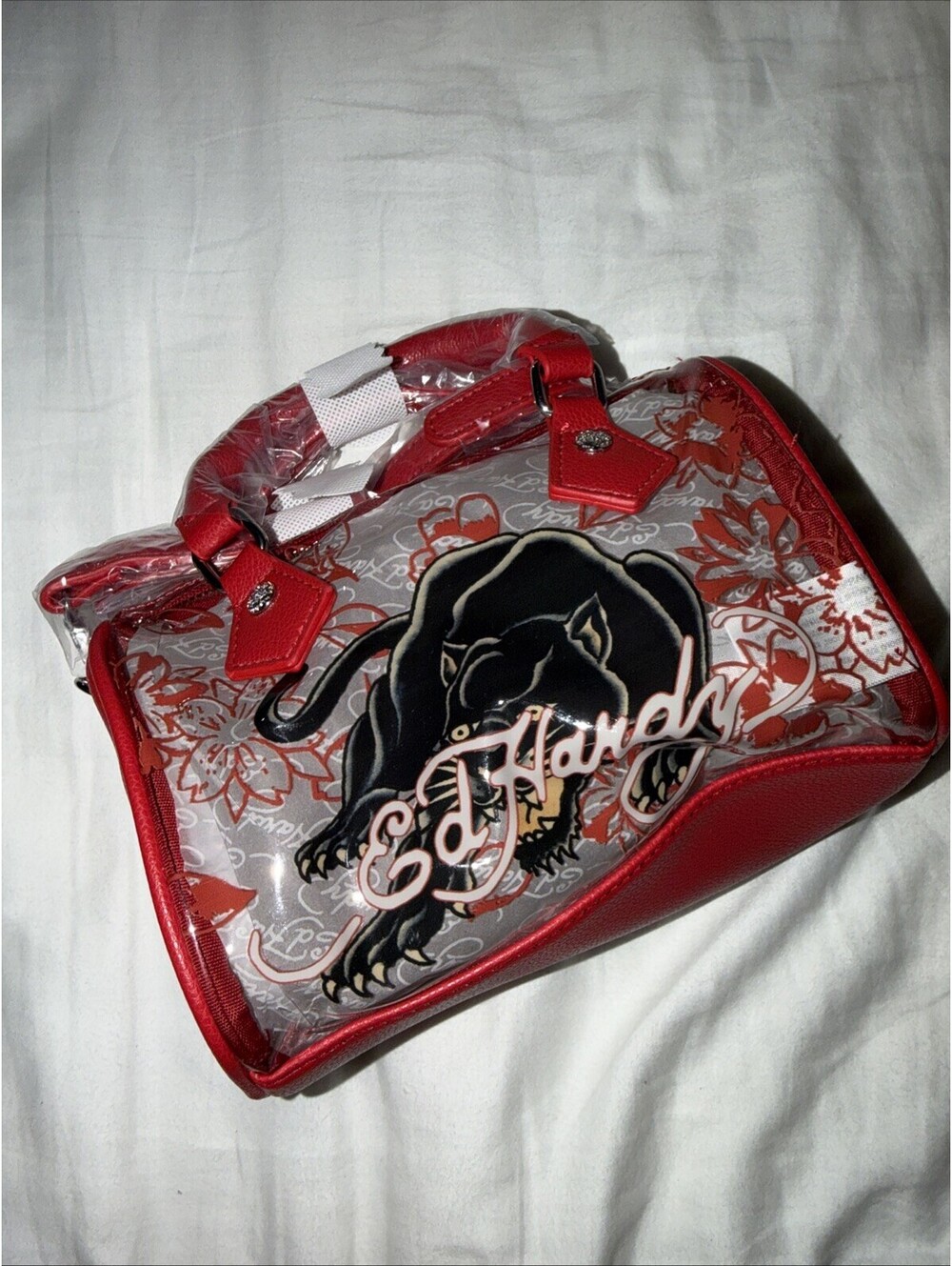 NWT Ed Hardy Clear Swim Beach Bag Satchel / Crossbody Bag - Red - Black Panther